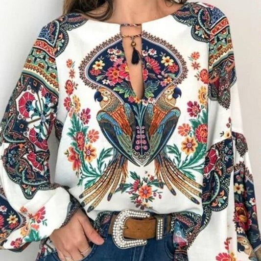 Women Bohemian Plus Size Blouse  Vintage Floral Print Casual Plus Size