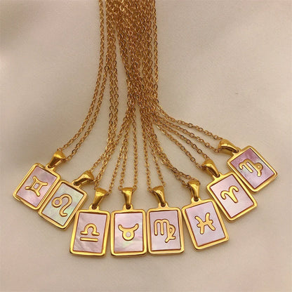 Dainty Zodiac Necklace for Women Gold Plated Stainless Steel Pink Shell Square 12 Constellations Pendant Necklace Jewelry Gifts