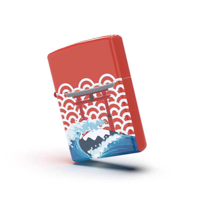 Red Color Japan Style Waves Of The Sea With Mount Fuji Lighter Copper Material Original 100% Made In USA For Zippo