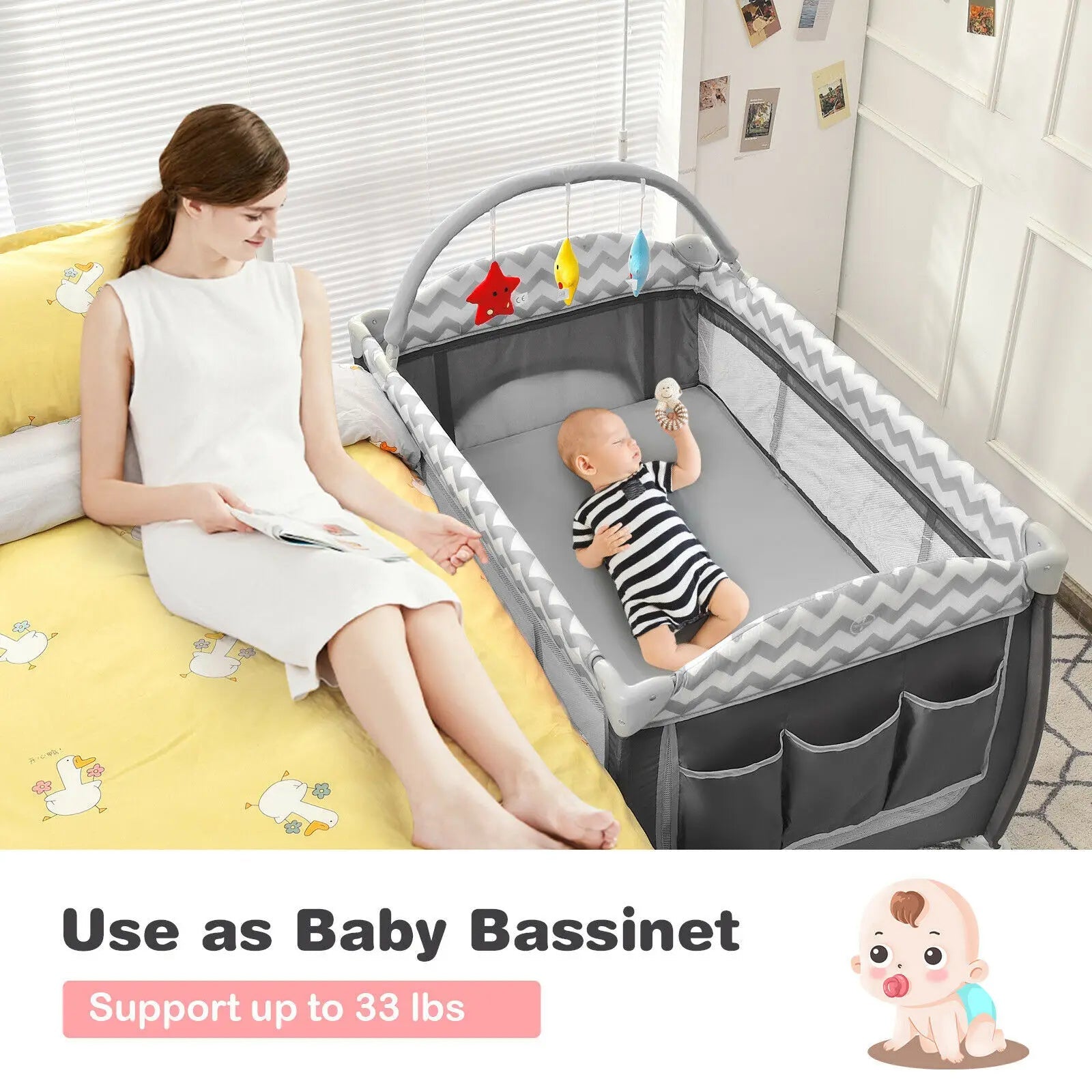 Babyjoy 3 in 1 Baby Playard Portable Infant Nursery Center w/ Zippered Door Grey BB0510GR-Shalav5
