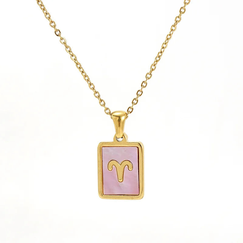 Dainty Zodiac Necklace for Women Gold Plated Stainless Steel Pink Shell Square 12 Constellations Pendant Necklace Jewelry Gifts