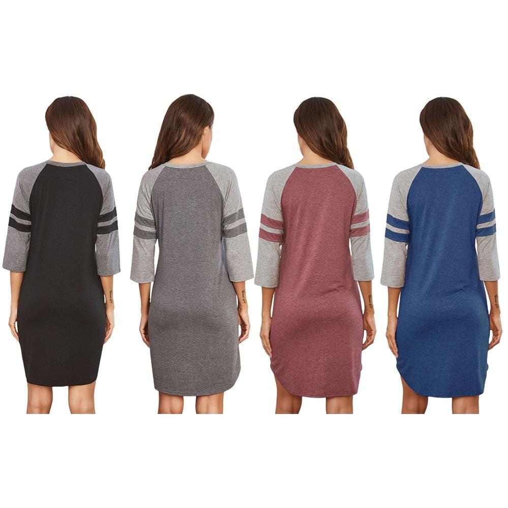 Lingerie - Women Sleepwear Dress 3/4 Sleeve O Neck Block Loose Mini