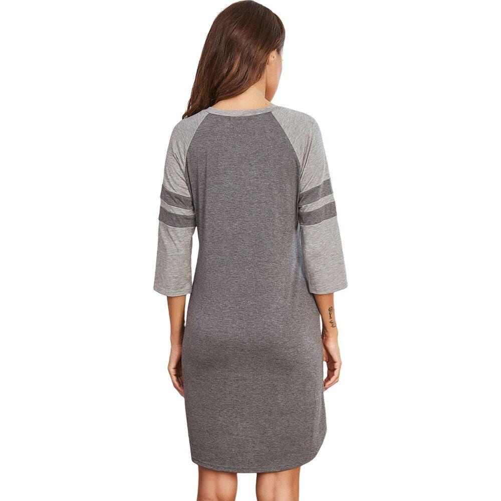 Lingerie - Women Sleepwear Dress 3/4 Sleeve O Neck Block Loose Mini