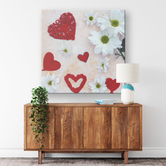 Wall Art - Hearts And Flowers Wall Art Canvas Print Vibrant Artwork 3/4'' Frame Glue Wood