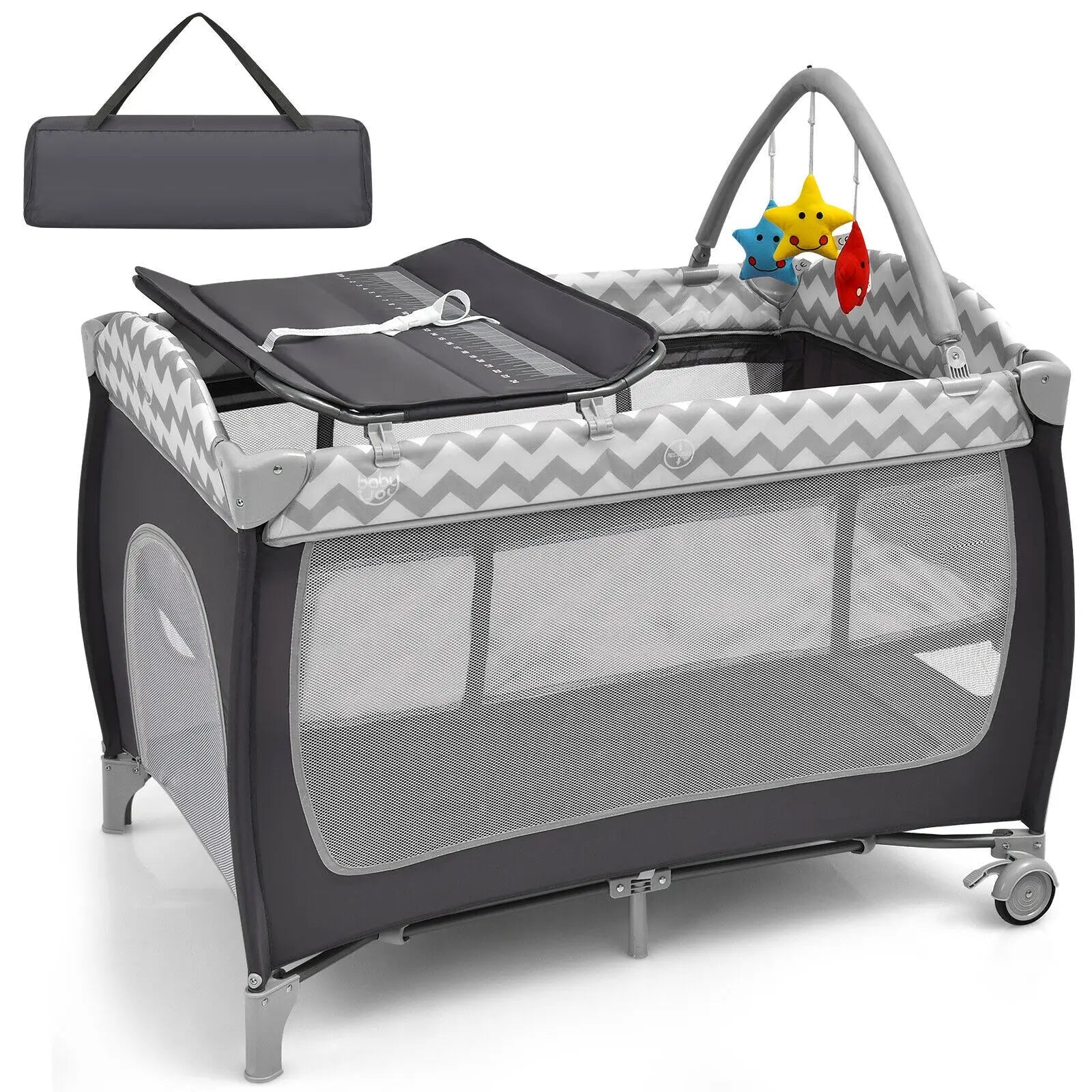 Babyjoy 3 in 1 Baby Playard Portable Infant Nursery Center w/ Zippered Door Grey BB0510GR-Shalav5