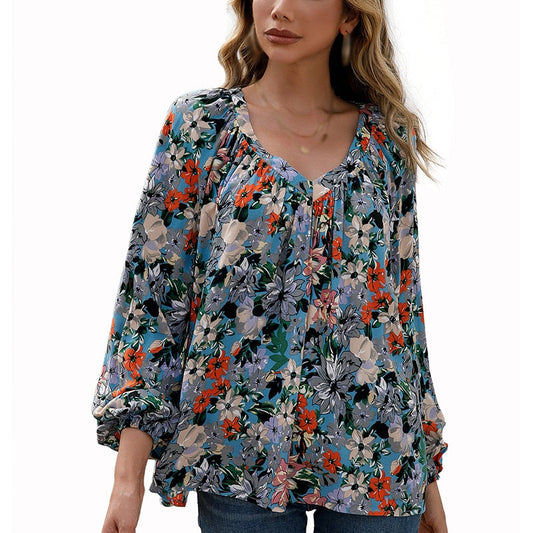 Autumn Women Long Sleeve Boho V-neck Floral Printed Top Loose s Tee Tops-Shalav5