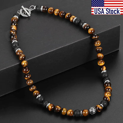 8mm Natural Stone Tiger Eyes Lava Bead Necklace Stainless Steel  Charm Choker 18/20 inch-Shalav5