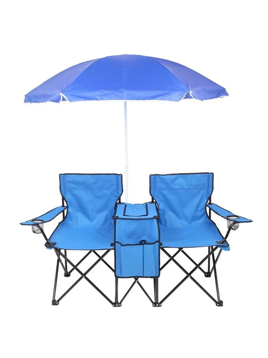 Folding Chair - Portable Outdoor 2-Seat Folding Chair With Removable Sun Umbrella Blue For Fishing And Sunbathing