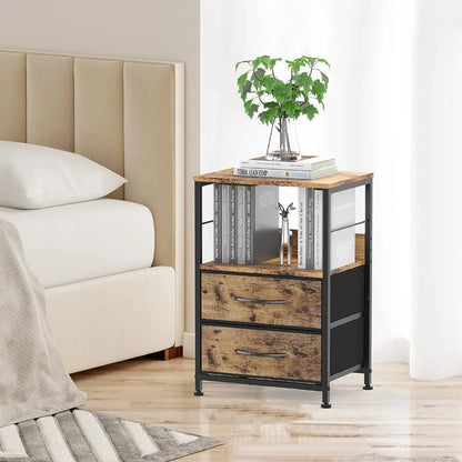 Nightstand Bedroom Bedside Table with Fabric Drawers End Table with Storage Open Shelf Side Table for Living Room Home-Shalav5