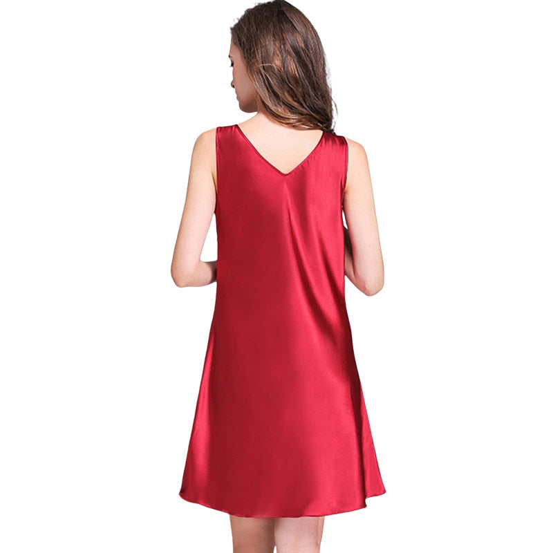 Lingerie - Women's Satin Nightgown Sleeveless V-Neck Trim Sleepwear
