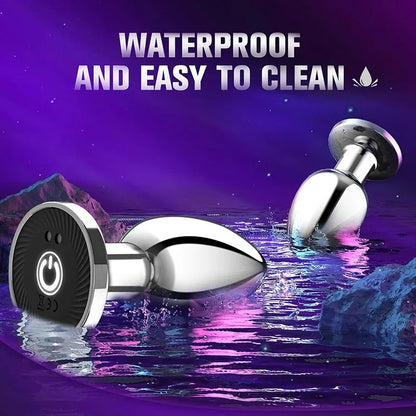 Metallic butt plug with water droplet icon on a purple background, labeled 'Waterproof and Easy to Clean'.