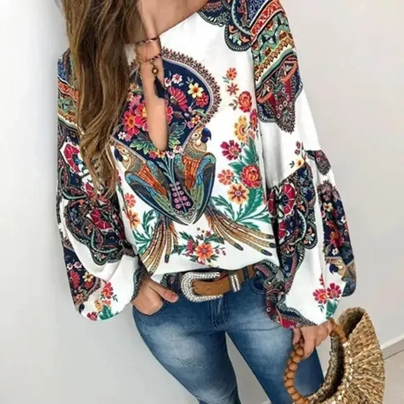 Customized Bohemian shirt Digital printed round neck lantern sleeve shirt