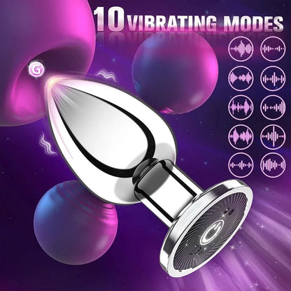 Silver butt plug with 10 vibrating modes on a purple background