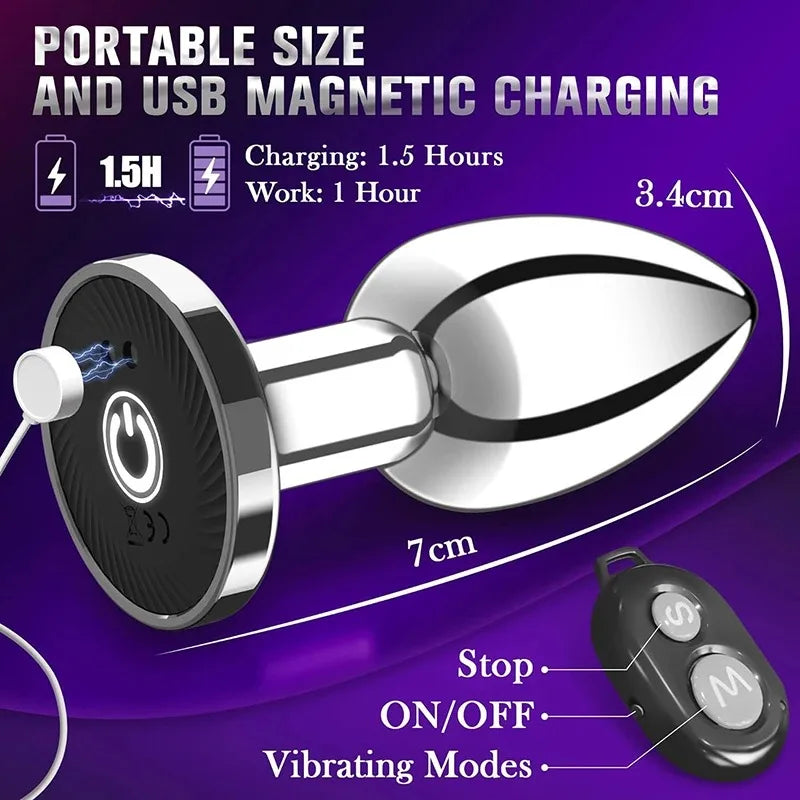 Silver butt plug with USB remote on a purple background, highlighting features like portable size and USB magnetic charging.