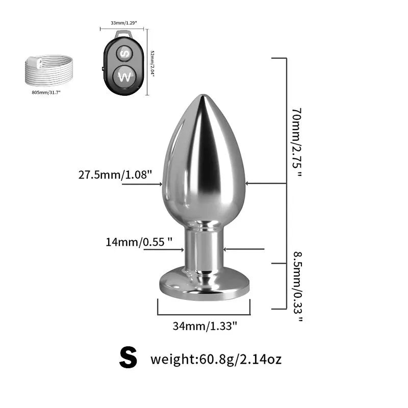 Metallic butt plug with measurements and weight details on a white background