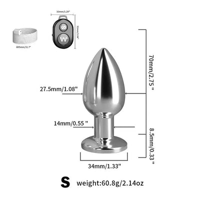 Metallic butt plug with measurements and weight details on a white background