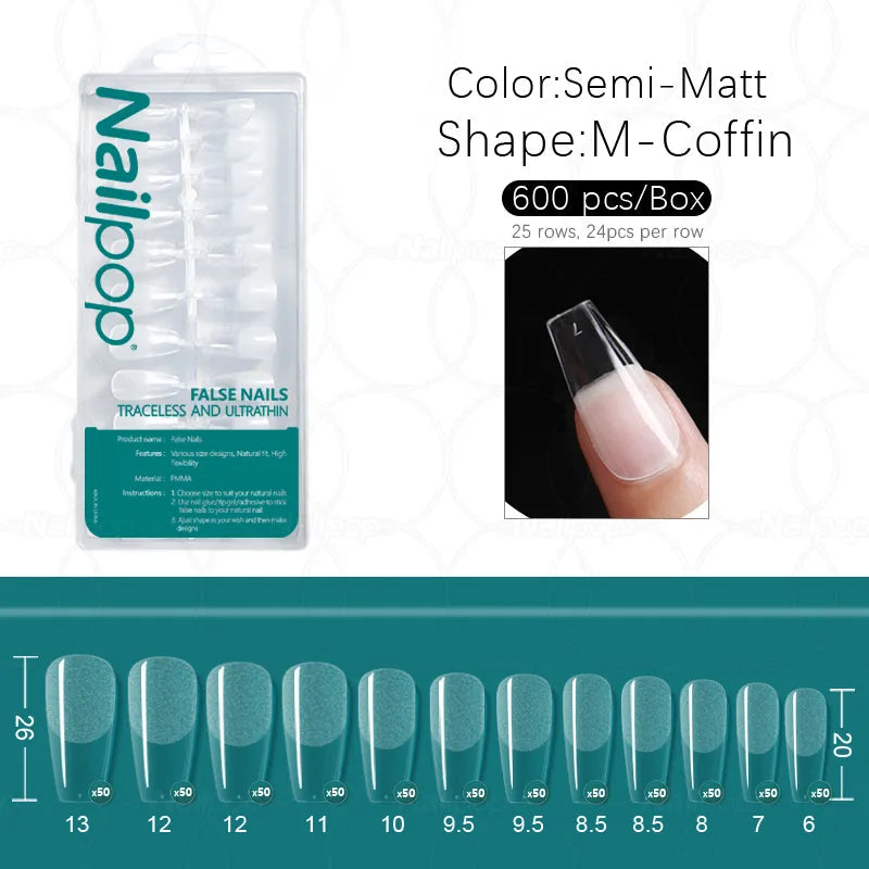 Nailpop 600pcs PRO Fake Nails Semi-Matte Almond Coffin Full/Half Acrylic Square False Nail Tips For Extension Tip Manicure Tool