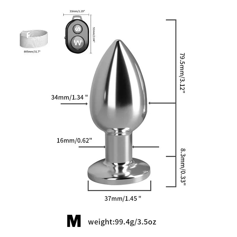 Metallic bullet-shaped object with dimensions and weight information on a white background