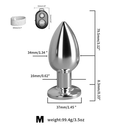 Metallic bullet-shaped object with dimensions and weight information on a white background