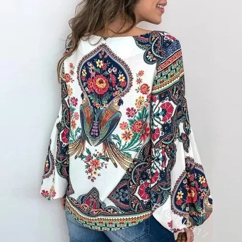 Customized Bohemian shirt Digital printed round neck lantern sleeve shirt