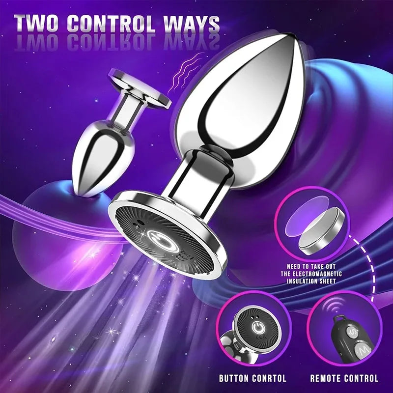 Metallic device with two control methods on a purple and blue gradient background