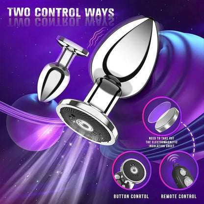 Metallic device with two control methods on a purple and blue gradient background