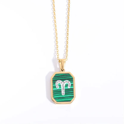 Exquisite Zodiac Constellation Necklace: Gold-Plated Stainless Steel with Zircon Crystals and Malachite Accent