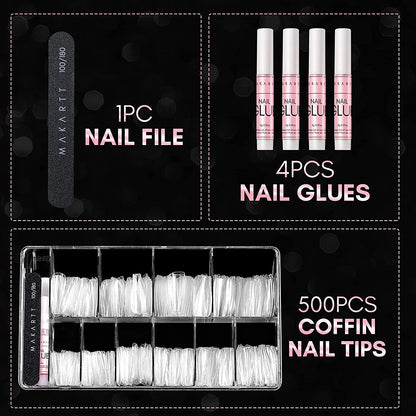 Long Fake Nails  500Pcs Clear Acrylic Nails Coffin Shaped Ballerina with Nail Glue and File Kit-Shalav5