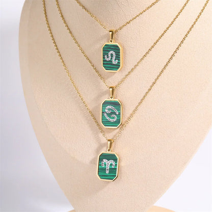 Exquisite Zodiac Constellation Necklace: Gold-Plated Stainless Steel with Zircon Crystals and Malachite Accent