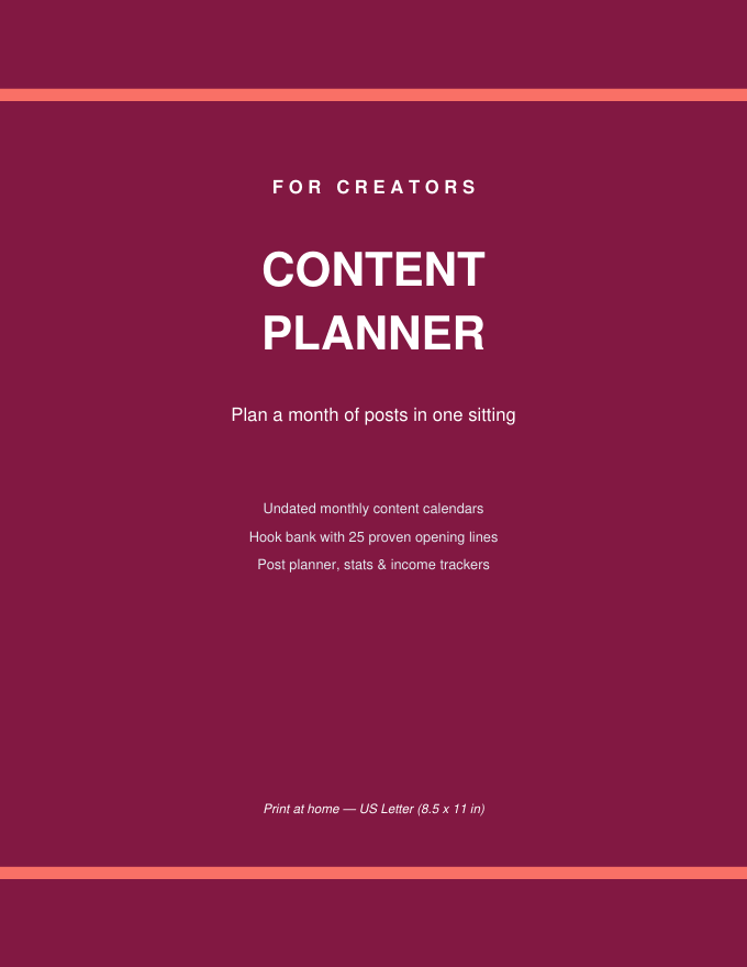 Social Media Content Planner Printable cover — content calendar and hook bank for creators