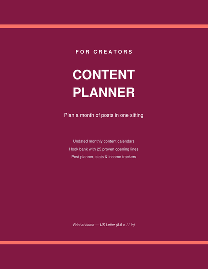 Social Media Content Planner Printable cover — content calendar and hook bank for creators