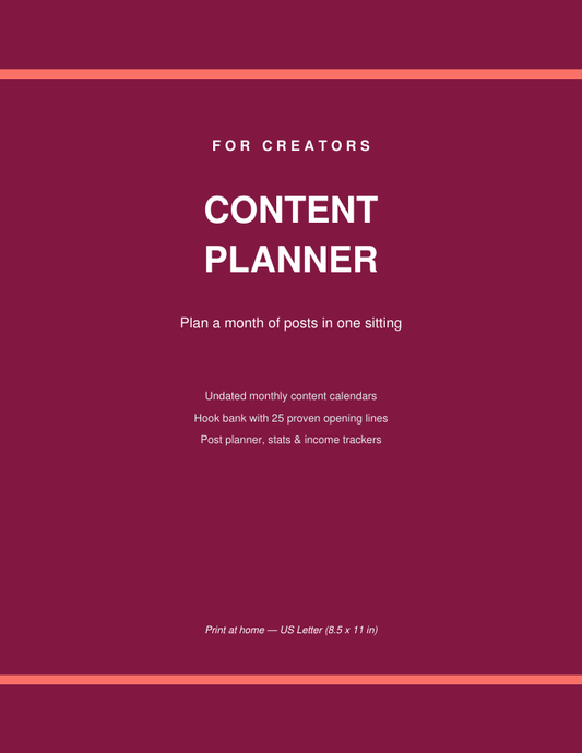 Social Media Content Planner Printable cover — content calendar and hook bank for creators