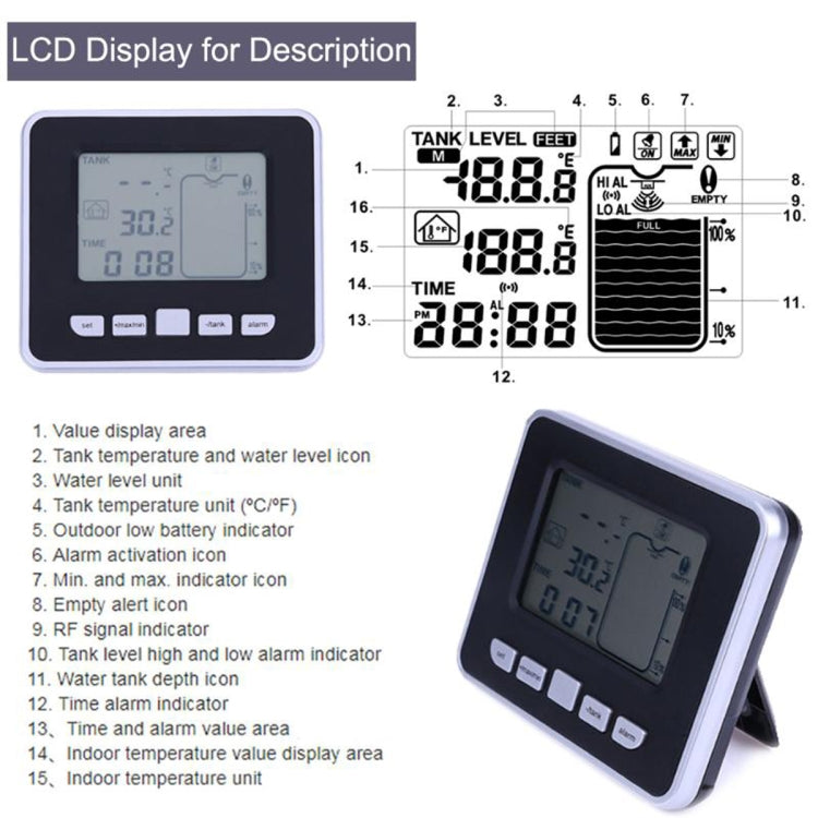 Multifunctional Ultrasonic Electronic Water Tank Level Gauge With Indoor Temperature Thermometer Clock Display Water Level Gauge