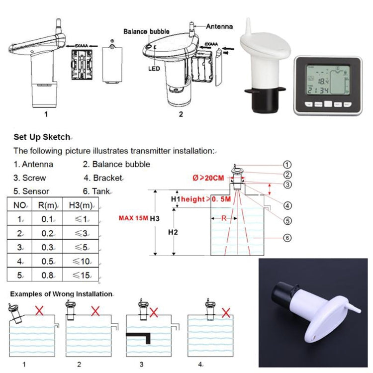 Multifunctional Ultrasonic Electronic Water Tank Level Gauge With Indoor Temperature Thermometer Clock Display Water Level Gauge