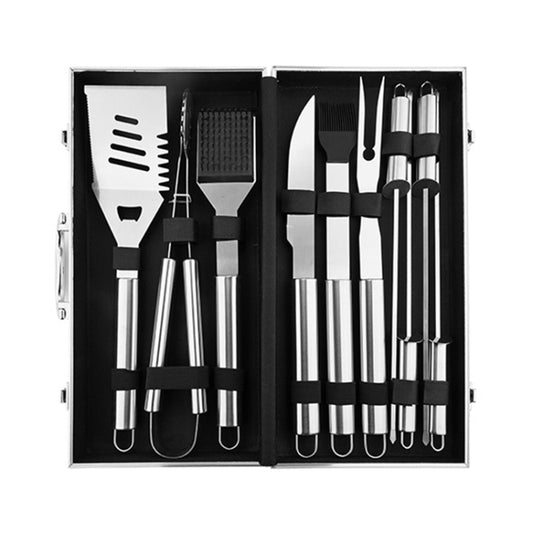 Barbecue Combination Tool Set Aluminum Box Stainless Steel Grill Set, 10 in 1