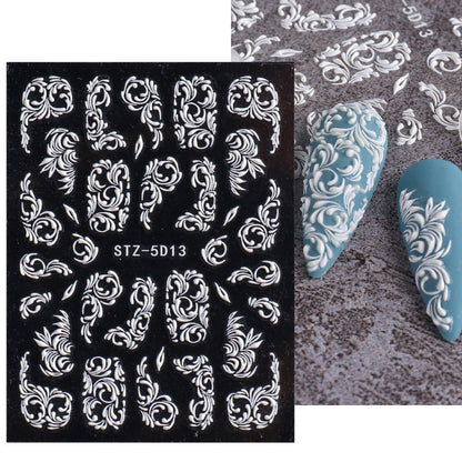 5D Three-dimensional Carved Nail Art Stickers Rose Pattern Embossed Nail Stickers