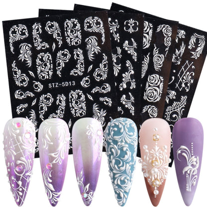 5D Three-dimensional Carved Nail Art Stickers Rose Pattern Embossed Nail Stickers