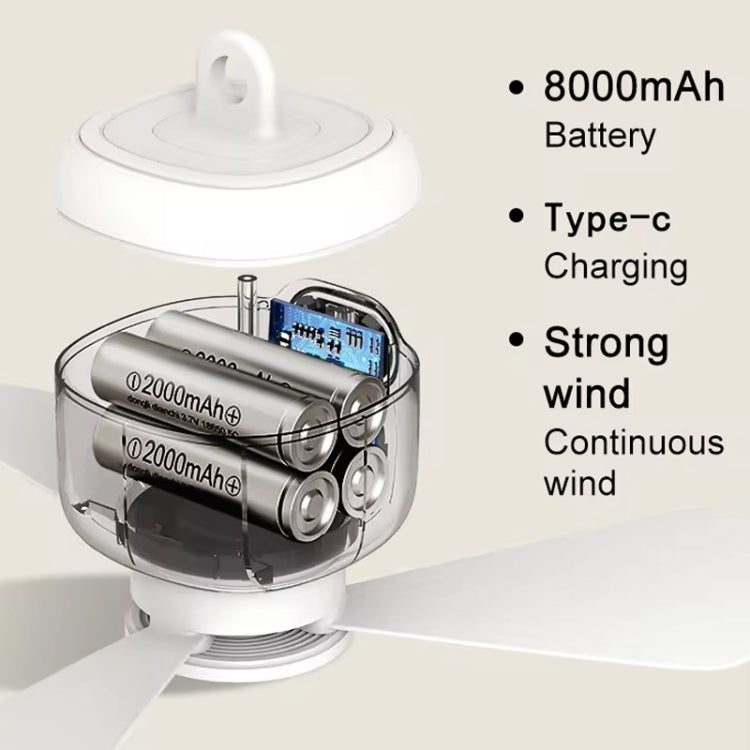 Mini Ceiling Fan Portable Camping Fan With Light &  Remote Built In 8000mAh Battery