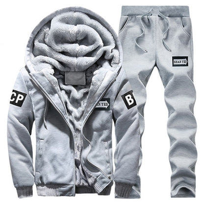 2 in 1 Winter Letter Pattern Plus Velvet Thick Hooded Jacket + Trousers Casual Sports Set for Men