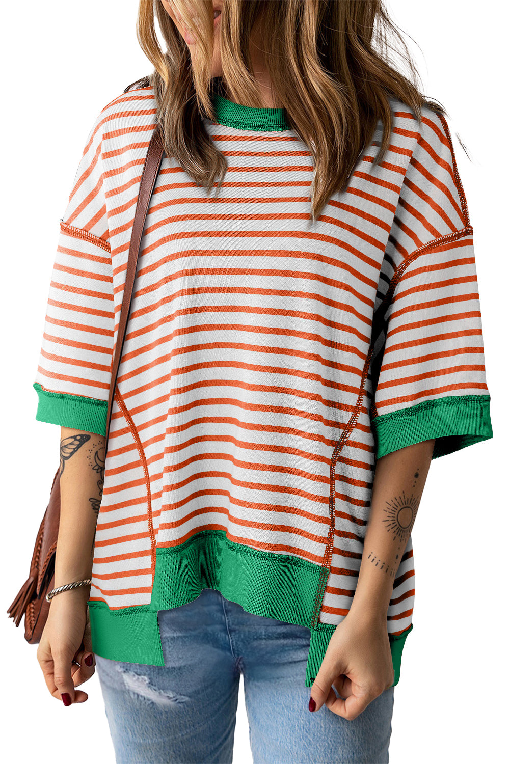 Pink Stripe Colorblock Drop Sleeve Oversized T Shirt