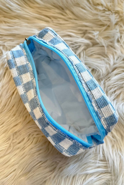 Sky Blue Checkered Knitted Zipper Makeup Bag