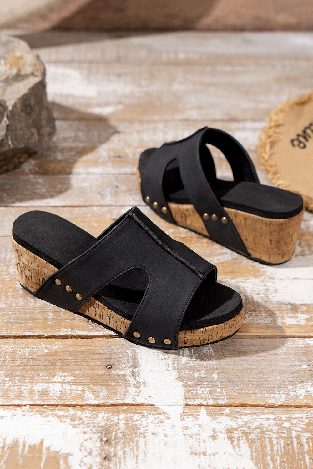 Black Cut Out Rivet Slip-on Wedge Slides Shoes