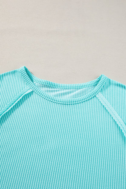 Light Blue Casual Ribbed Exposed Seam Plus Size T Shirt