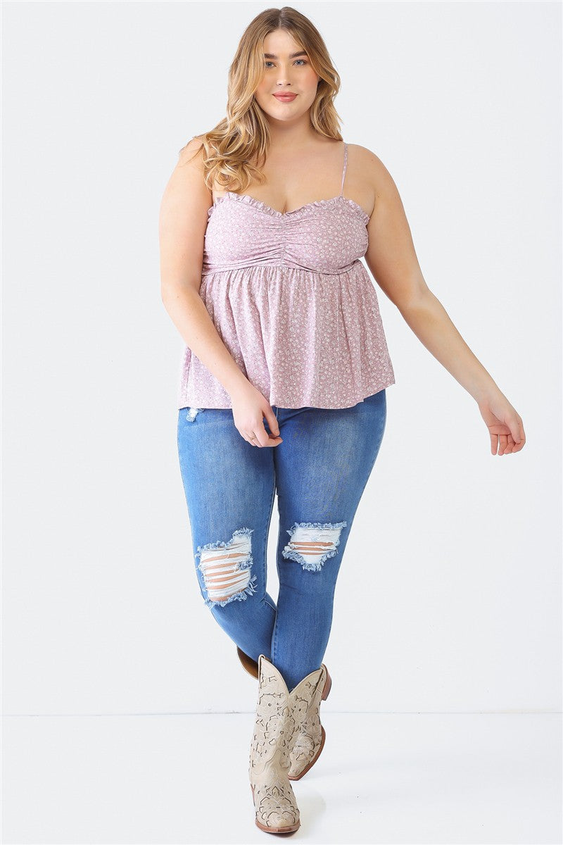 Zenobia Plus Size Frill Smocked Floral Sweetheart Neck Cami\