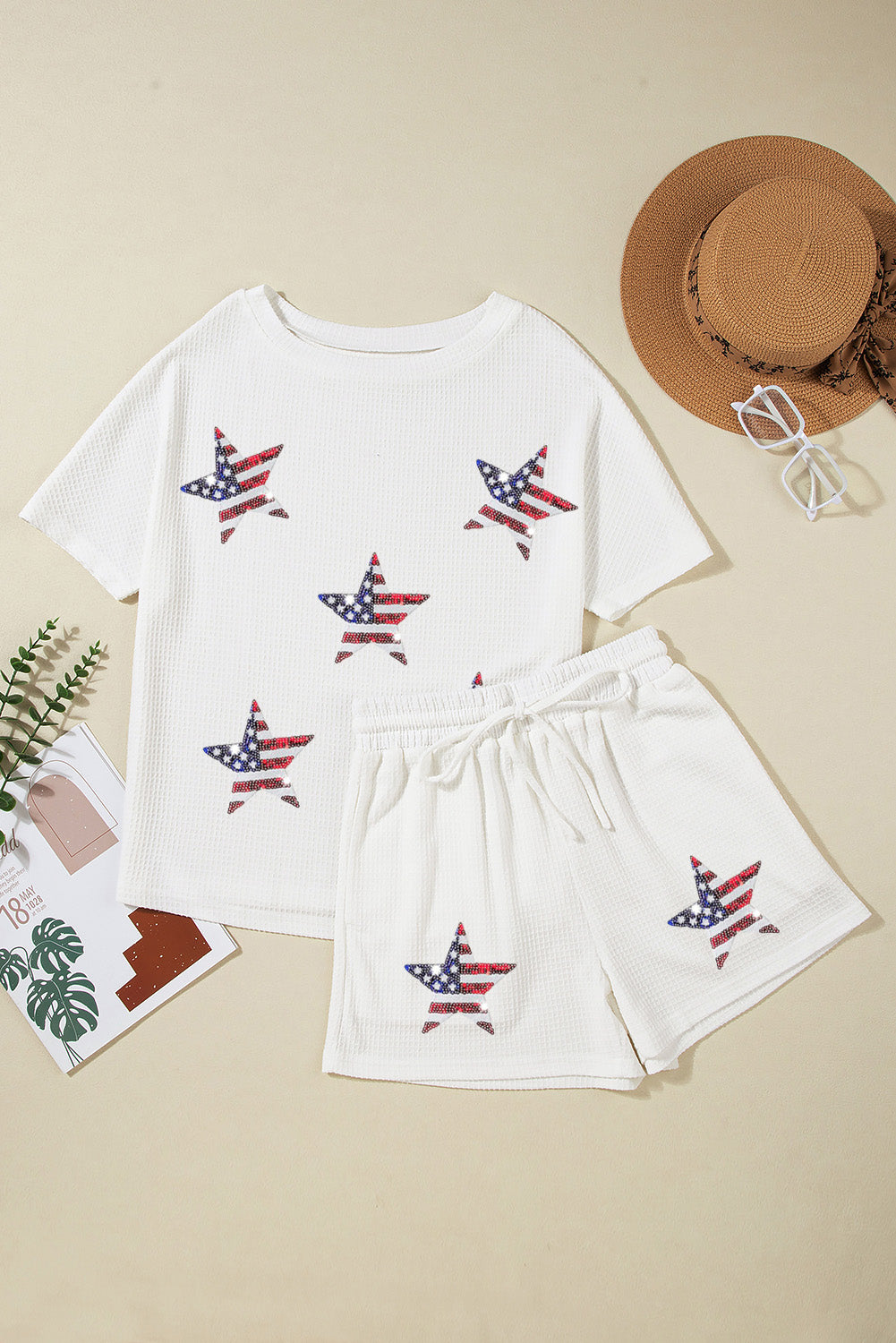 White Waffle Sequin American Flag Star Graphic Shorts Set