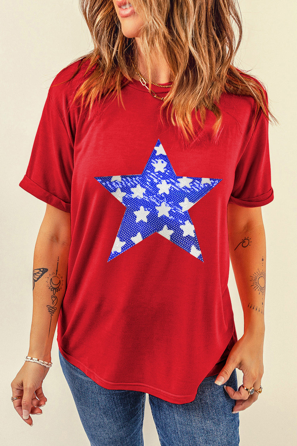 Red Star Graphic Round Neck Roll Up Sleeve Tee