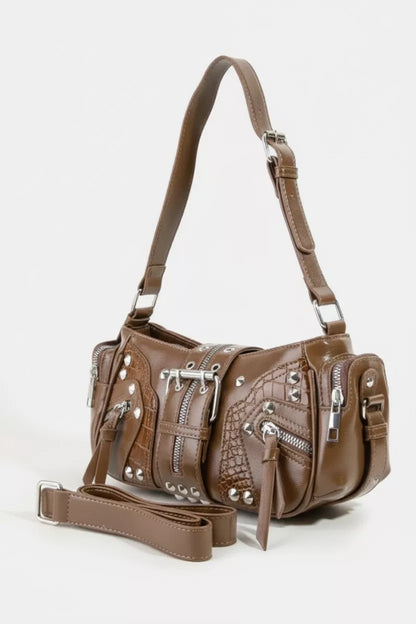 Fame Rivet Detail Leather Shoulder Bag in Brown- Front View
