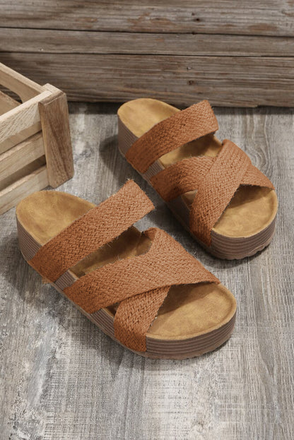 Beige Woven Criss Cross Strap Platform Slides Shoes