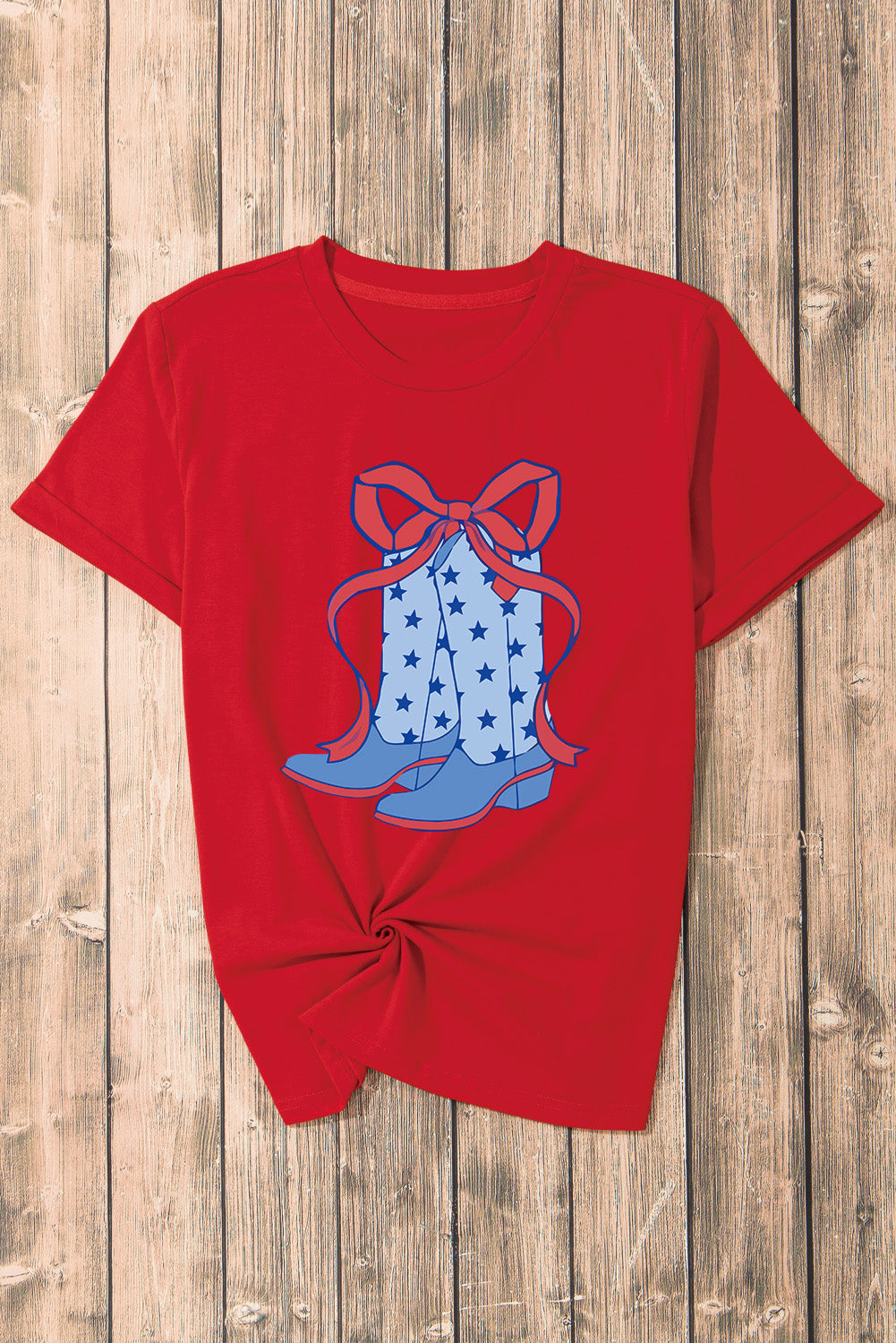 Red Star Boots Bow Knot Graphic Crew Neck T Shirt