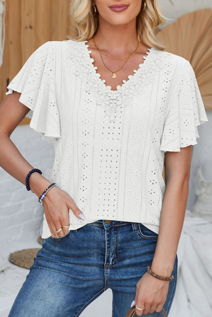 White Solid Color V Neck Ruffle Sleeve Loose T Shirt